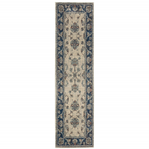 2' X 8' Ivory And Blue Oriental Power Loom Stain Resistant Runner Rug