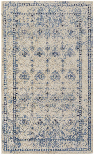 5' X 8' Blue And Ivory Geometric Power Loom Distressed Area Rug