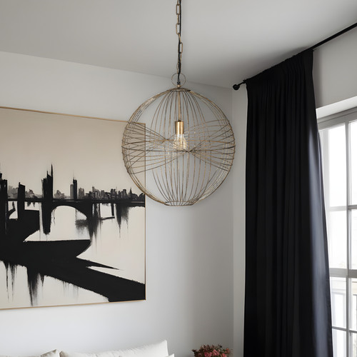 Gold Round Geometric Lines Metal Globe Hanging Pendent Light