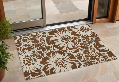 3' X 4' Brown and Ivory Floral Washable Non Skid Indoor Outdoor Area Rug