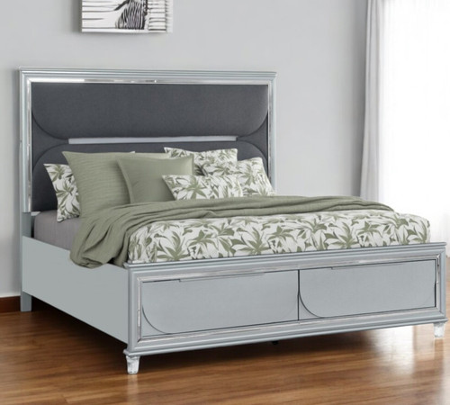 Silver Wood And Upholstery Lighted Queen Bed Frame With Two Drawers