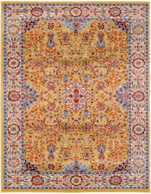 9' X 12' Blue Yellow And Ivory Oriental Power Loom Stain Resistant Area Rug