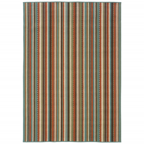 9’x13’ Green and Brown Striped Indoor Outdoor Area Rug