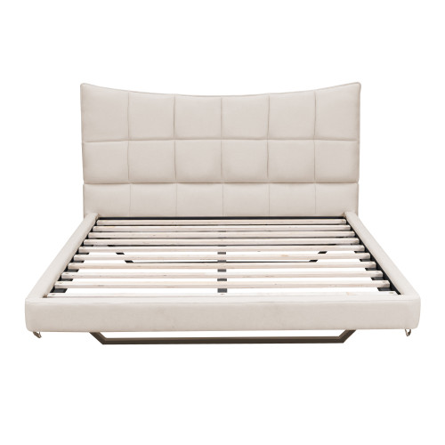 Beige Tufted Upholstered Full Bed Frame With LED Lighting And USB