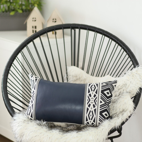 Rectangular Spruce Blue Faux Leather and Geometric Pattern Lumbar Pillow Cover