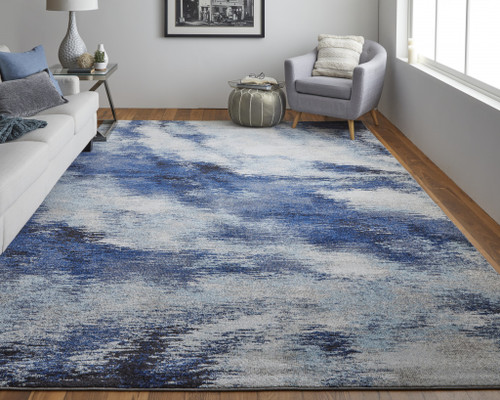 4' X 6' Blue And Ivory Abstract Power Loom Stain Resistant Area Rug
