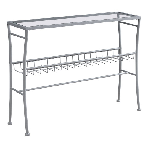 12" x 41.75" x 32" Silver Clear Metal Tempered Glass Accent Table