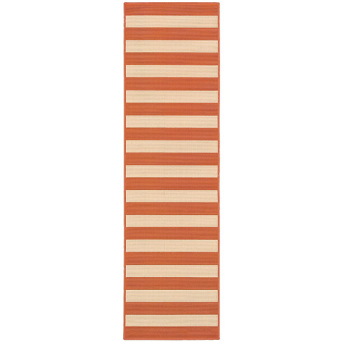 2’x8’ Orange and Ivory Striped Indoor Outdoor Runner Rug