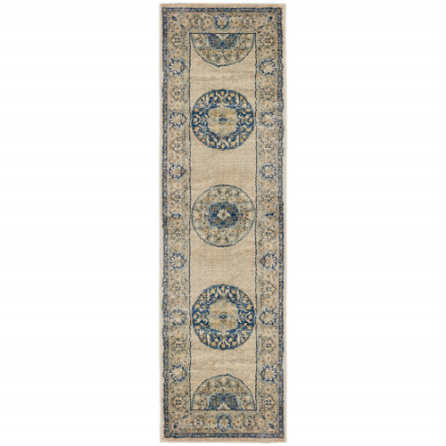 2' X 8' Ivory And Blue Oriental Power Loom Stain Resistant Runner Rug