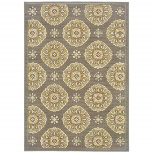5' x 8' Grey Gold Floral Medallion Discs Indoor Outdoor Area Rug