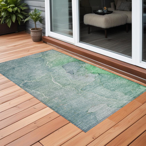 3' X 4' Teal Abstract Washable Non Skid Indoor Outdoor Area Rug