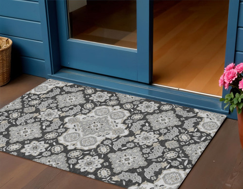 3' X 5' Charcoal Gray And Beige Medallion Washable Indoor Outdoor Area Rug