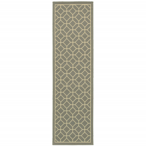 2' X 8' Grey Geometric Stain Resistant Indoor Outdoor Area Rug