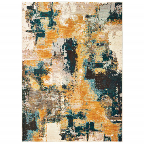 7’x10’ Blue and Gold Abstract Strokes Area Rug