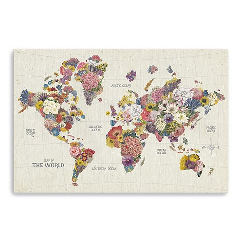 Homeroots Home Decor 48"x32" Fun Floral Map of the World Canvas Wall Art