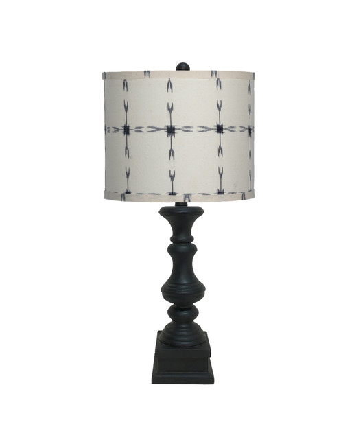 Black Table Lamp with Patterned White and Black Shade