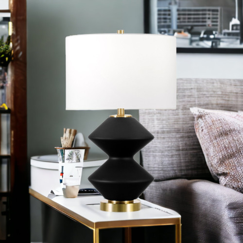 23" Black and Gold Glass Gourd Table Lamp With White Drum Shade