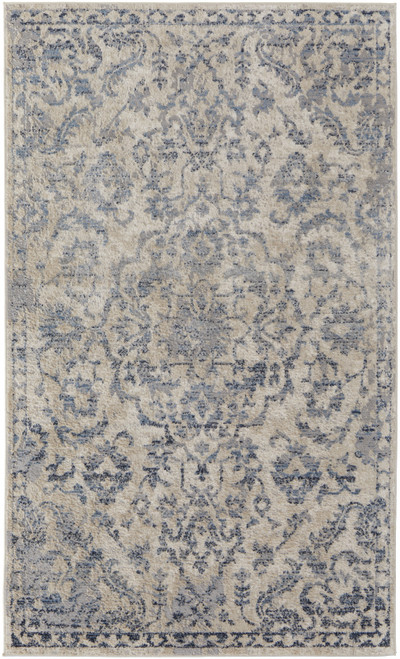 5' X 8' Blue Gray And Ivory Floral Power Loom Distressed Area Rug