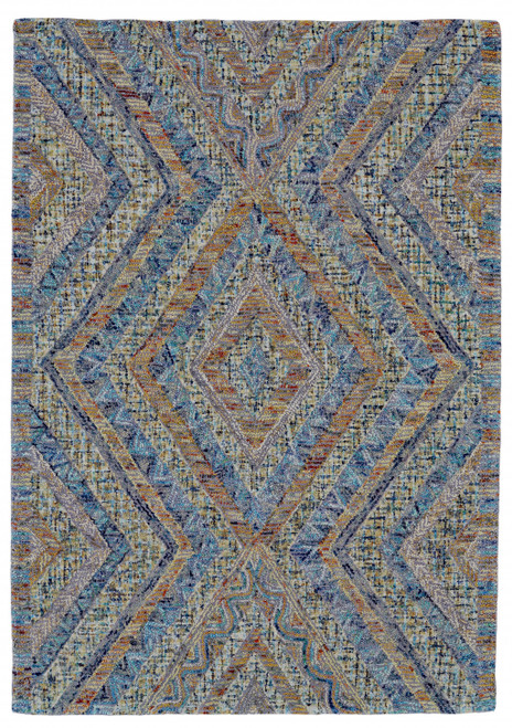 2' X 3' Blue Brown And Orange Wool Geometric Tufted Handmade Stain Resistant Area Rug