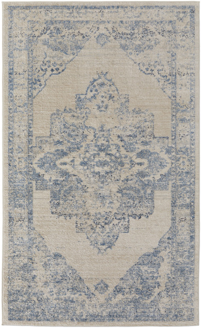 5' X 8' Blue And Ivory Floral Power Loom Distressed Area Rug
