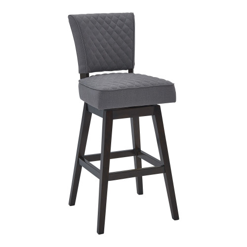 46" Gray Fabric and Dark Brown Solid Wood Swivel Bar Height Chair