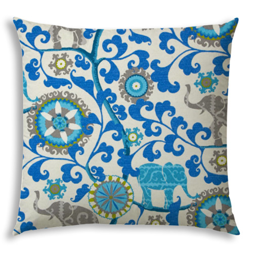 20" X 20" Blue Cream And Gray Zippered Polyester Floral Throw Pillow Cover