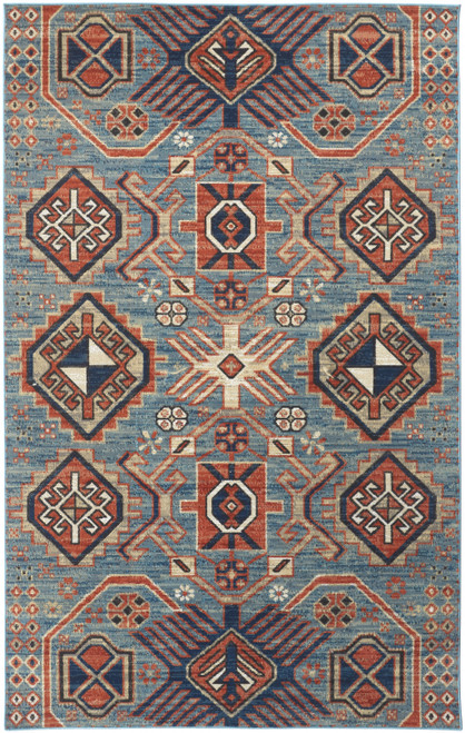 8' X 11' Blue Red And Tan Abstract Power Loom Distressed Stain Resistant Area Rug