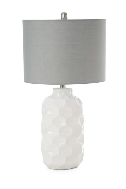 Set Of Two 30" White Ceramic Table Lamps With Grey Drum Shade