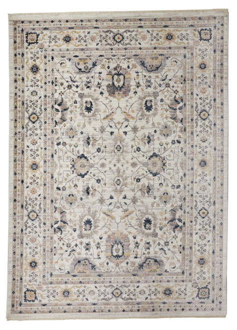 8' X 10' Tan Ivory And Blue Floral Stain Resistant Area Rug