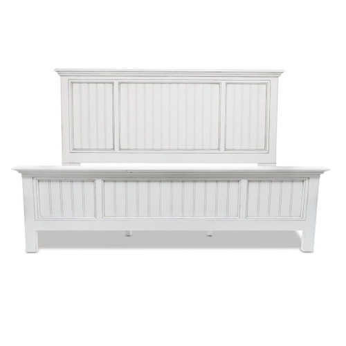 White Carved Geometric Distressed Solid Wood King Bed Frame