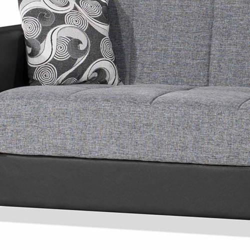 87" Gray And Black Chenille And Faux Leather Convertible Futon Sleeper Sofa And Toss Pillows With Storage
