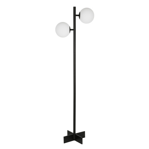 70" Black Two Light Tree Floor Lamp With White Frosted Glass Globe Shade