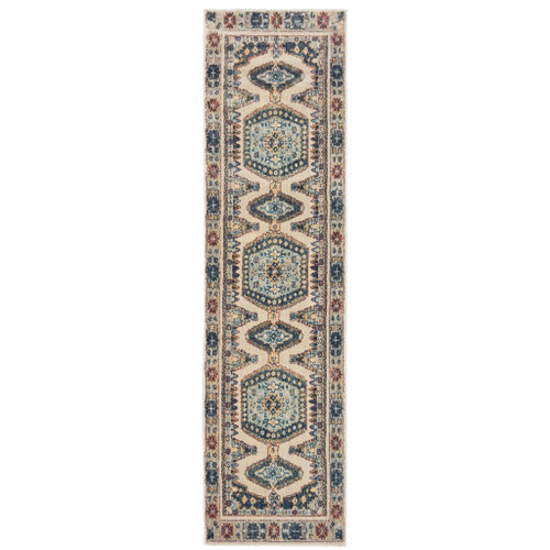 2' X 8' Ivory And Blue Oriental Power Loom Stain Resistant Runner Rug