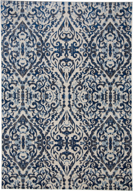 8' X 11' Blue Ivory And Black Floral Distressed Stain Resistant Area Rug