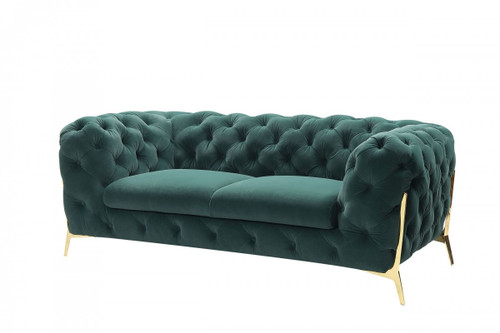 74" Dark Green Tufted Velvet And Gold Chesterfield Love Seat