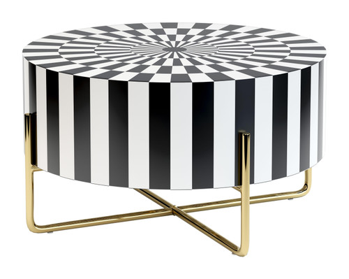 30" Black White and Gold Modern Deco Round Resin Coffee Table