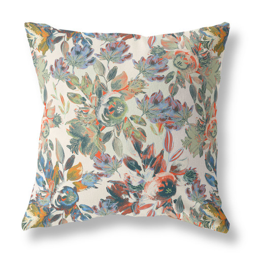 28" X 28" Green And Beige Broadcloth Floral Throw Pillow