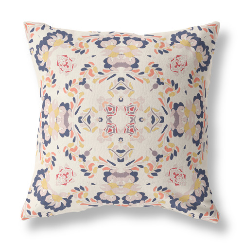 28" X 28" White And Blue Broadcloth Floral Throw Pillow