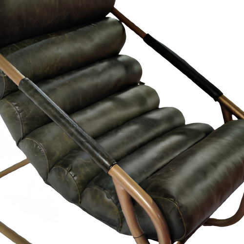 25" Green And Gold Top Grain Leather Tufted Lounge Chair