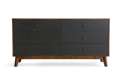30" Grey And Walnut Veneer Mdf And Wood Dresser With 6 Drawers
