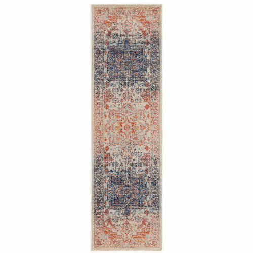 2' X 8' Blue And Orange Oriental Power Loom Stain Resistant Runner Rug