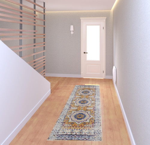 7' Orange and Ivory Medallion Power Loom Runner Rug