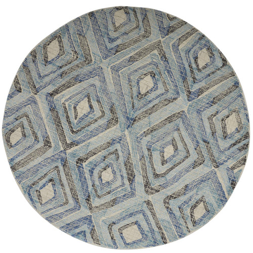 8' Blue Gray And Ivory Round Wool Geometric Tufted Handmade Area Rug