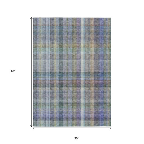 3' X 4' Blue Gray and Green Plaid Washable Non Skid Indoor Outdoor Area Rug