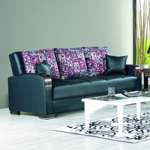 87" Black Faux Leather Convertible Futon Sleeper Sofa And Toss Pillows With Storage