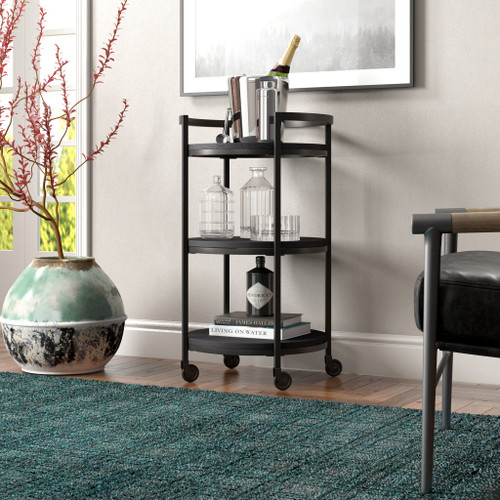 Black Steel Round Rolling Bar Cart