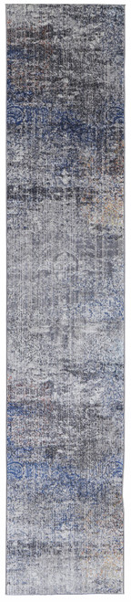 8' Taupe Blue And Ivory Abstract Power Loom Distressed Stain Resistant Runner Rug