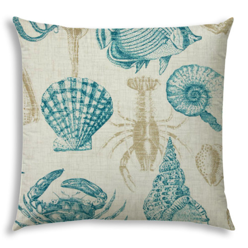 20" X 20" Teal Khaki And Ivory Seashells Zippered Polyester Coastal Throw Pillow Cover