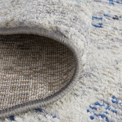 8' Taupe Gray And Blue Round Floral Stain Resistant Area Rug