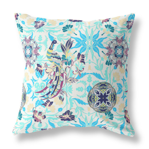28" X 28" White And Blue Broadcloth Floral Throw Pillow